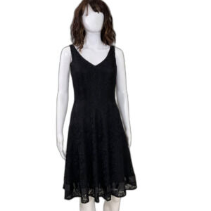 Tahari Petite V- Neck lace overlay fit n flare LBD Dress 4P Black sleeveless